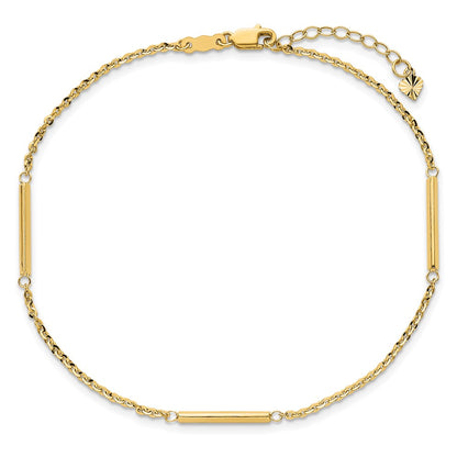 14K Yellow Gold Cable Chain and Bar 3-Station 9 Inch Plus 1 Inch Extender - Total 10 Inch Anklet
