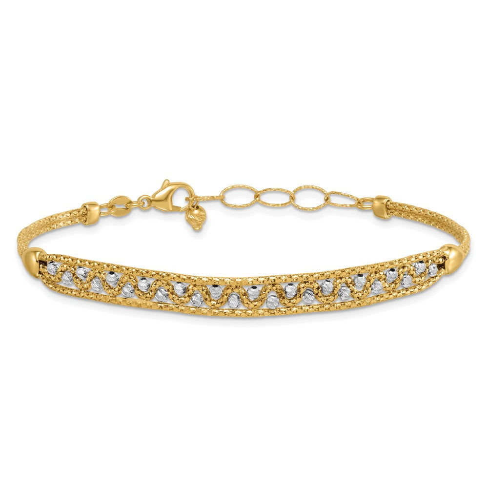 14K Two-Tone Gold Textured Diamond-cut 7mm Beaded 7.5 Inch Bracelet Plus 1 Inch Extender