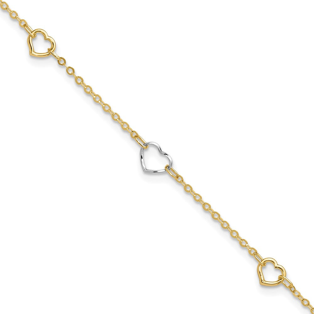 14K Two-Tone Gold Two-tone Polished Open Hearts 5-Station 9 Inch Plus 1 Inch Extender - Total 10 Inch Anklet