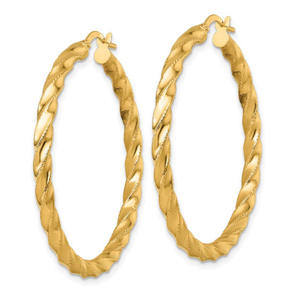 14K Yellow Gold Polished Diamond-cut Twisted 3.00 x 40mm Tube Hoop Earrings