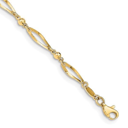 14K Yellow Gold Polished Twisted Oval and Mirror Beads 9 Inch Anklet