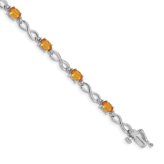 14K White Gold Complete Oval Citrine and Diamond Infinity Link 7 Inch Bracelet