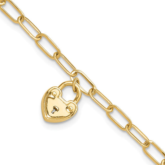 14K Yellow Gold Polished Heart Lock Charm Paperclip Link 7.5 Inch Bracelet