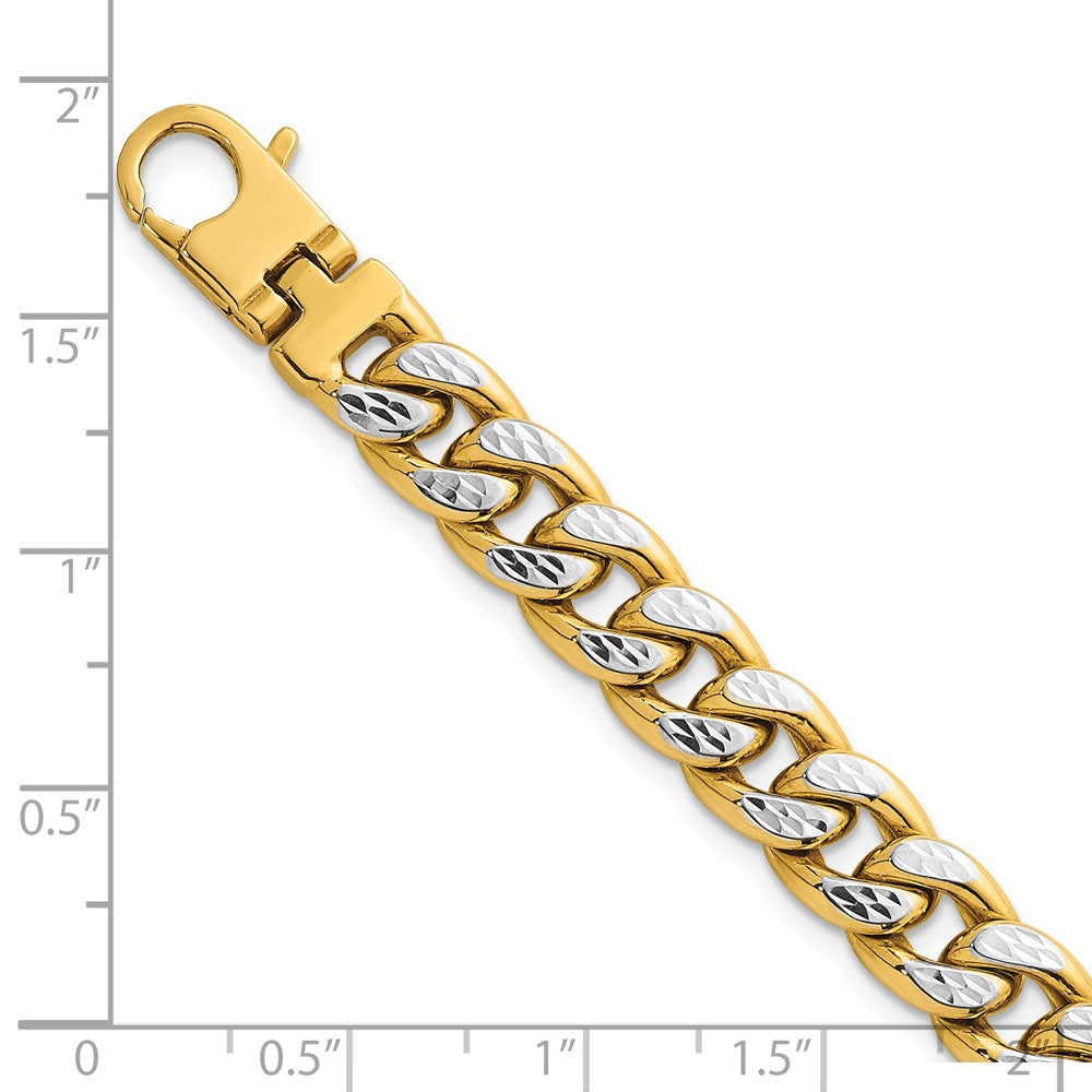 14K Yellow Gold with Rhodium Pave Textured 8.5mm Flat Curb Chain 8.5 Inch Mens Bracelet
