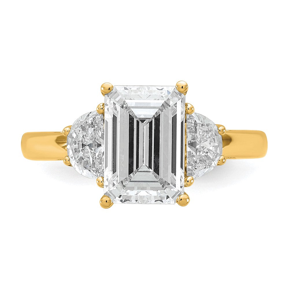 14K Yellow Gold 5/8 carat Lab Grown Diamond VS/SI+ G+ Semi Mount Emerald and Half Moon Three Stone Engagement Ring