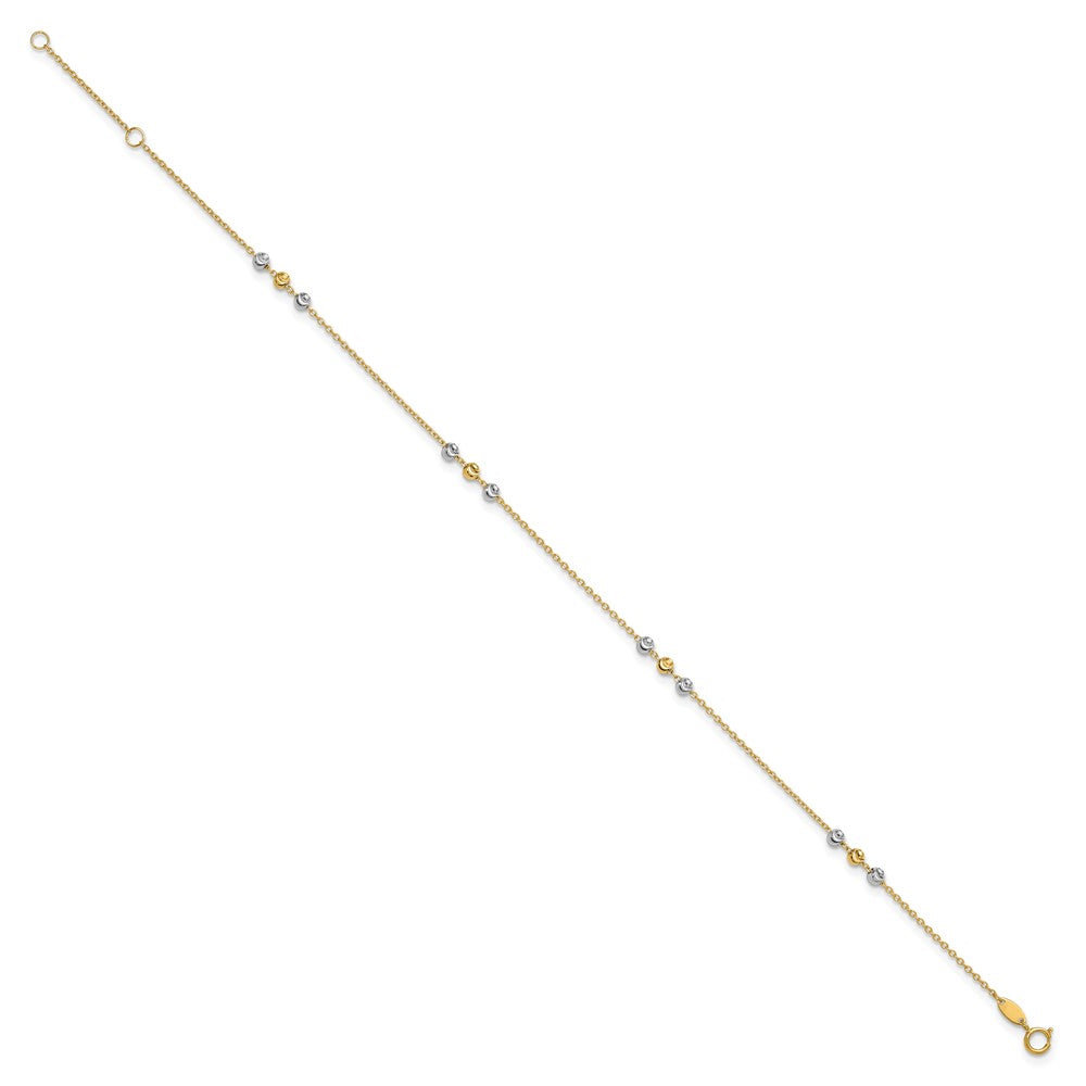 14K Two-Tone Gold Two-tone Diamond-cut Beaded 4-Station 9 Inch Plus 1 Inch Extender - Total 10 Inch Anklet
