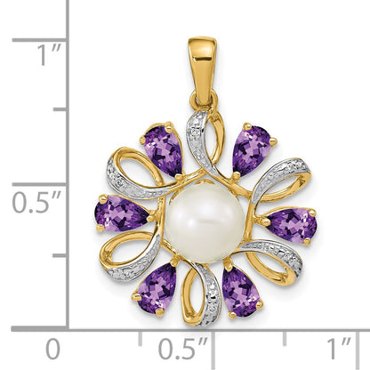 14K Yellow Gold 6-7mm Button Freshwater Cultured Pearl/Pear Amethyst/Diamond Pendant