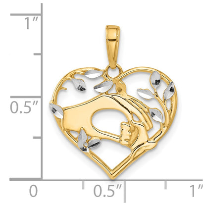 14K Yellow Gold and Rhodium Diamond-cut Mother and Child Hands in Heart Pendant