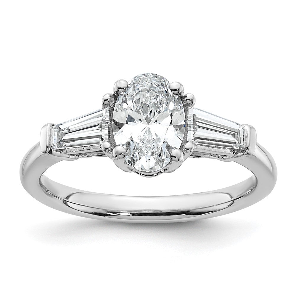 14K White Gold 1/2 carat Lab Grown Diamond VS+ F+ Tapered Baguette 1 carat Oval Semi Mount Three Stone Engagement Ring