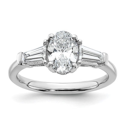 14K White Gold 1/2 carat Lab Grown Diamond VS+ F+ Tapered Baguette 1 carat Oval Semi Mount Three Stone Engagement Ring