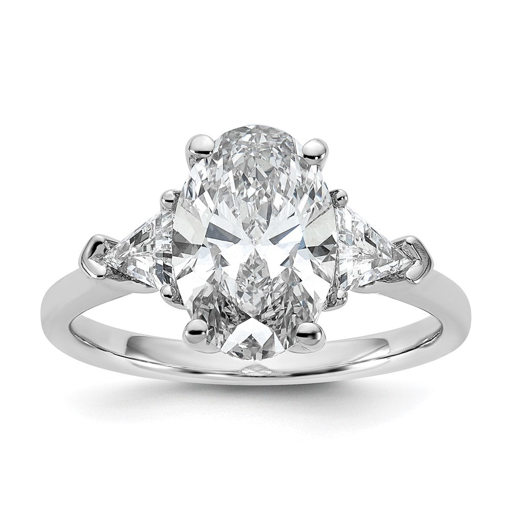 14K White Gold 5/8 carat Lab Grown Diamond VS+ F+ Trillion and 2 1/2 carat Oval Center Semi Mount Three Stone Engagement Ring
