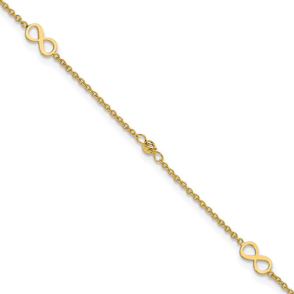 14K Yellow Gold Infinity and Diamond-cut Bead 9 Inch Plus 1 Inch Extender - Total 10 Inch Anklet
