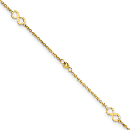 14K Yellow Gold Infinity and Diamond-cut Bead 9 Inch Plus 1 Inch Extender - Total 10 Inch Anklet