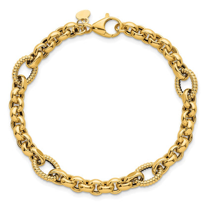 14K Yellow Gold Polished and Textured Rolo and Oval Fancy Chain 7.5 Inch Bracelet