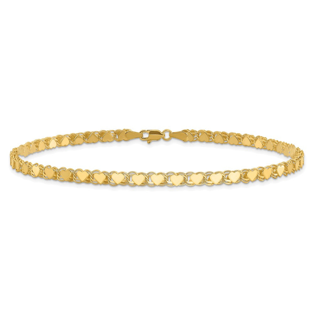 14K Yellow Gold Polished Double-Sided Hearts Double Link 10 Inch Anklet