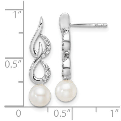 14K White Gold Polished 1/15 carat Diamond and White Freshwater Cultured Pearl Drop Post Earrings