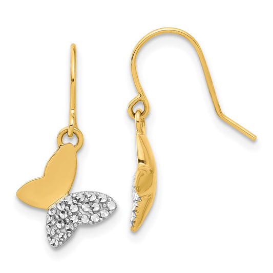 14K Yellow Gold and Rhodium Diamond-cut Butterfly Dangle French Hook Earrings