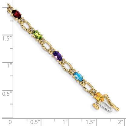 14K Yellow Gold Complete Diamond and Oval Garnet/Peridot/Amethyst/Citrine/Swiss Blue Topaz 7 Inch Rainbow Bracelet