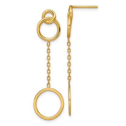 14K Yellow Gold Polished 2 Circles and Chain Dangle Post Earrings