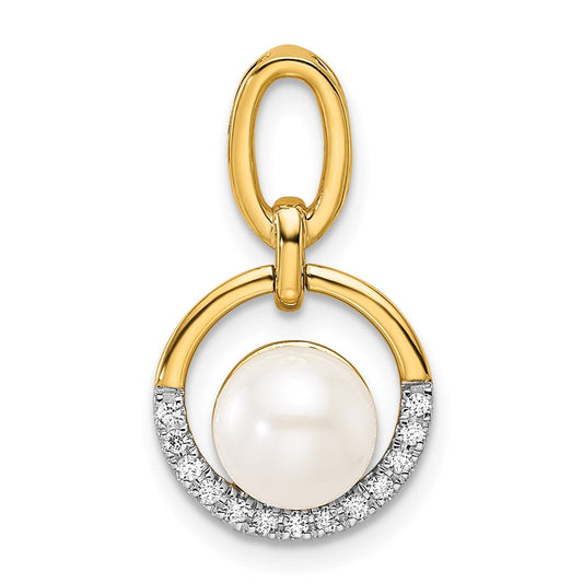 14K Yellow Gold Polished 1/15 carat Diamond and Freshwater Cultured Pearl Open Circle Pendant