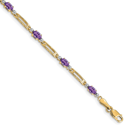 14K Yellow Gold Complete Diamond and Oval Amethyst Fancy Link 7 Inch Bracelet
