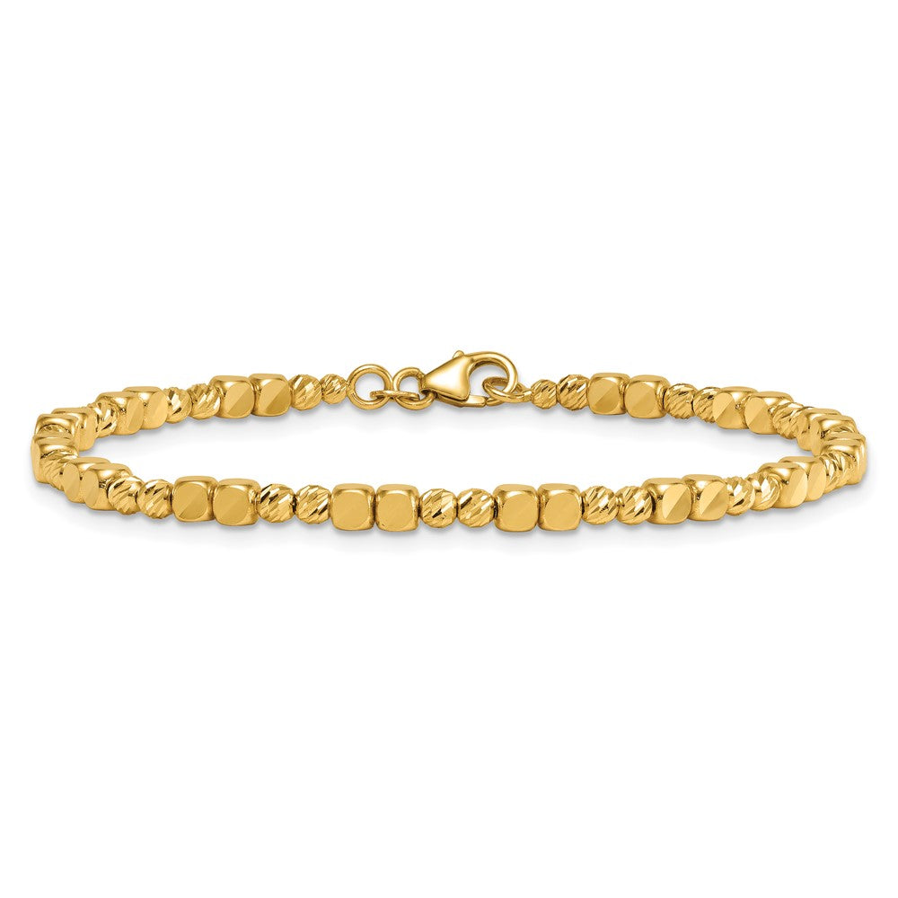 14K Yellow Gold Polished Diamond-cut and Square Beaded 7 Inch Bracelet