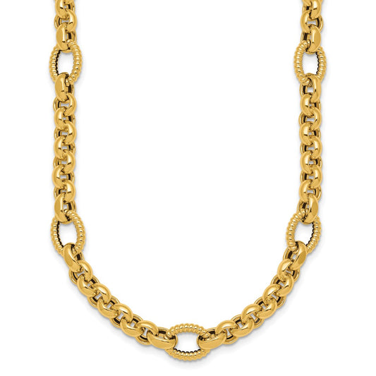 14K Yellow Gold Polished and Textured Rolo and Oval Fancy Chain 18 Inch Necklace