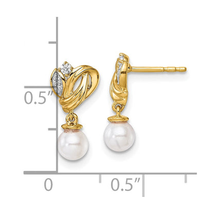14K Yellow Gold Polished 1/15 carat Diamond and Freshwater Cultured Pearl Dangle Post Earrings
