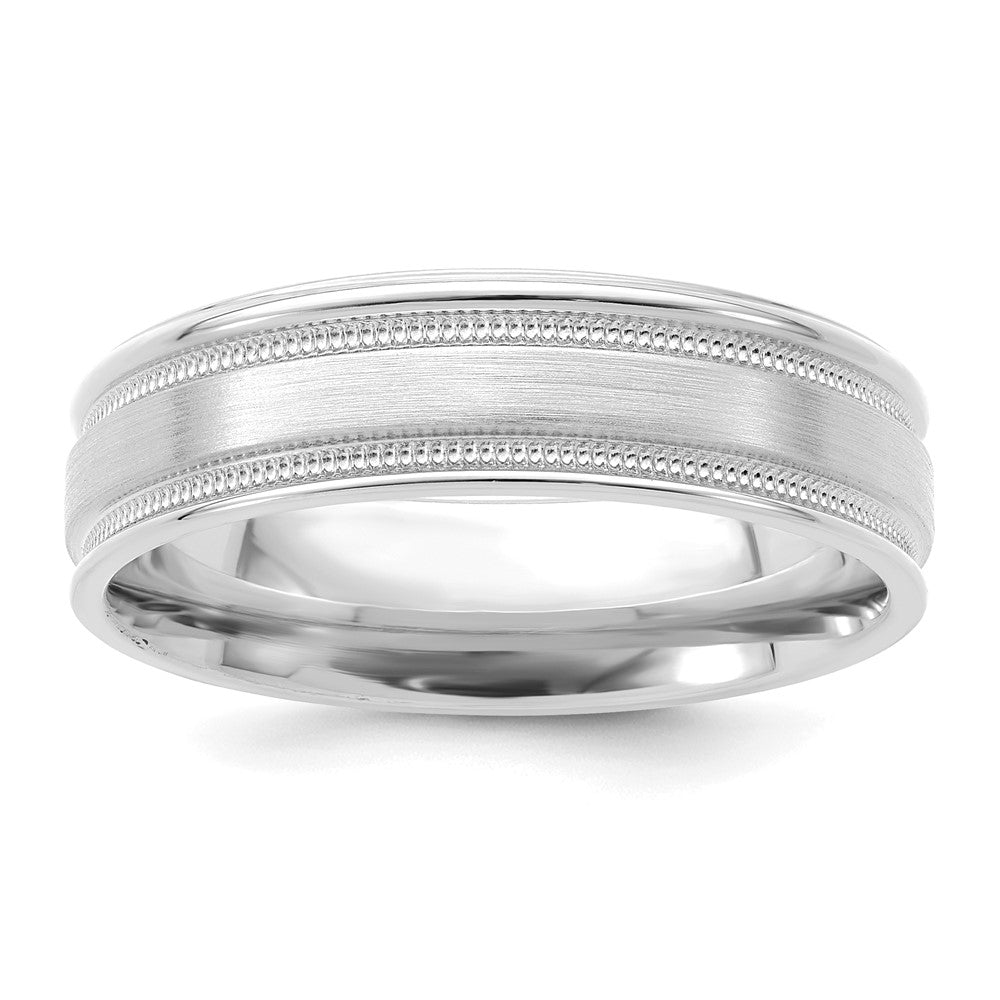 14K White Gold 6mm Standard Weight Comfort Fit Brushed Satin/Polished Milgrain Grooved Edge Wedding Band Ring