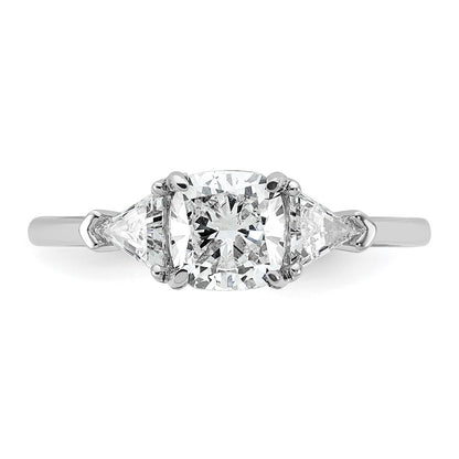 14K White Gold 1/2 carat Lab Grown Diamond VS+ F+ Triangle 1 carat Cushion Center Semi Mount Three Stone Engagement Ring