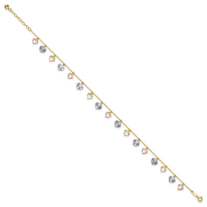 14K Tri-Color Gold Tri-Color Dangle Hearts 9 Inch Plus 1 Inch Extender - Total 10 Inch Anklet