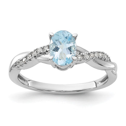 14K White Gold 7x5 Oval March/Aquamarine and Diamond Size 7 Ring