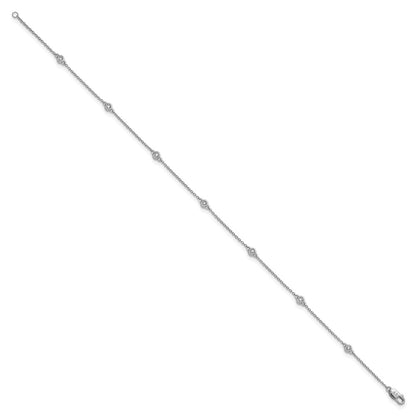 14K White Gold Complete 1/6 carat Bezel-set Diamond and Cable Chain 7-Station 9 Inch Anklet