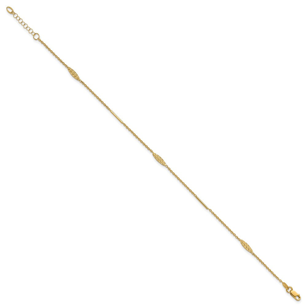 14K Yellow Gold Bar and Textured Oval 9 Inch Plus 1 Inch Extender - Total 10 Inch Anklet