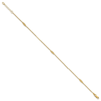 14K Yellow Gold Bar and Textured Oval 9 Inch Plus 1 Inch Extender - Total 10 Inch Anklet