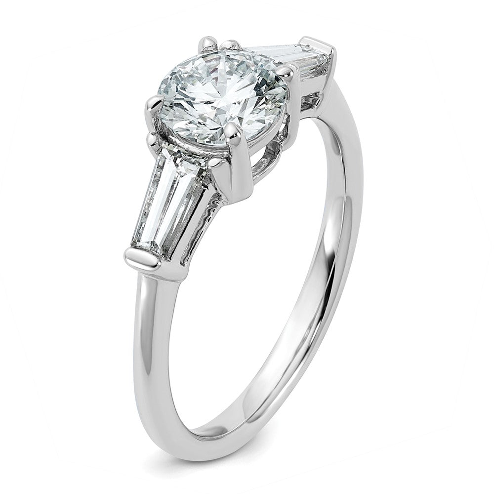 14K White Gold 1/2 carat Lab Grown Diamond VS+ F+ Tapered Baguette with 1 carat Round Center Semi Mount Three Stone Engagement Ring