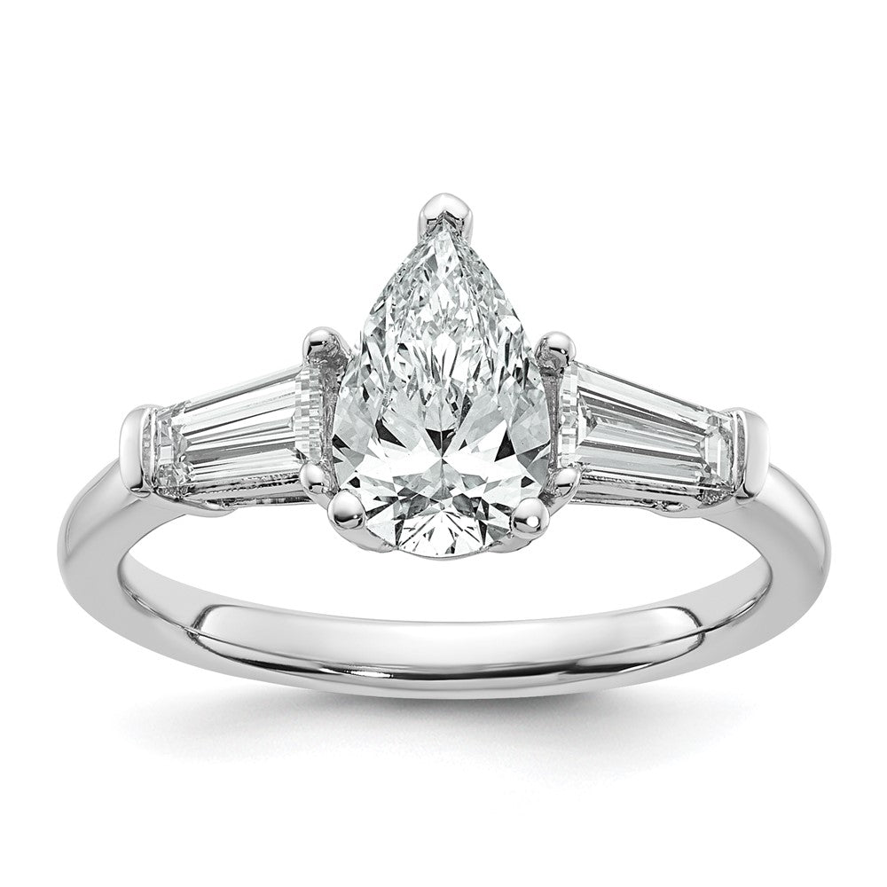 14K White Gold 1/2 carat Lab Grown Diamond VS+ F+ Tapered Baguette 1 carat Pear Center Semi Mount Engagement Ring