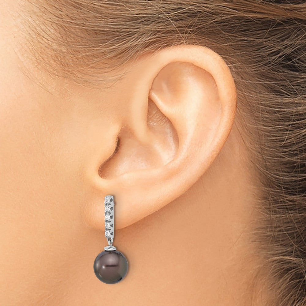 14K White Gold 9-10mm Black Round Tahitian Saltwater Cultured Pearl and .20c Carat Diamond Post Dangle Earrings