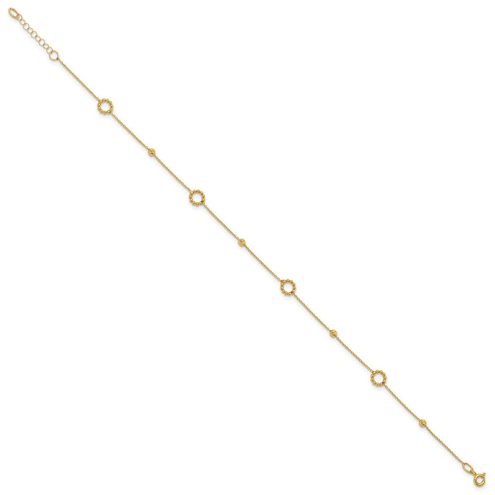 14K Yellow Gold Circle and Diamond-cut Bead 10 Inch Plus 1 Inch Extender - Total 11 Inch Anklet