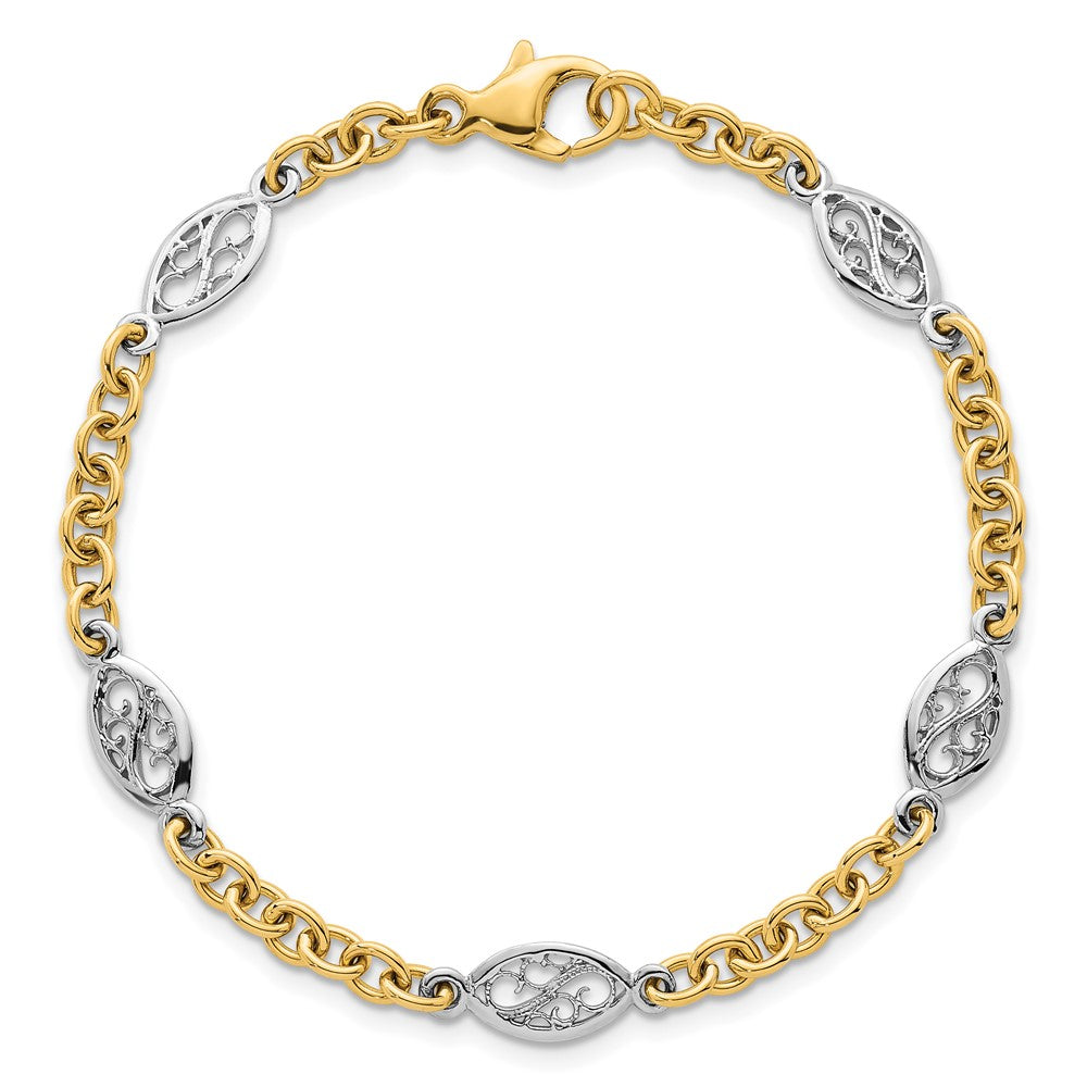 14K Two-Tone Gold Two-tone Polished 6.5mm Fancy Cable Chain and Filigree Oval 7.25 Inch Bracelet