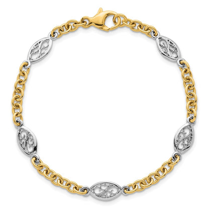 14K Two-Tone Gold Two-tone Polished 6.5mm Fancy Cable Chain and Filigree Oval 7.25 Inch Bracelet