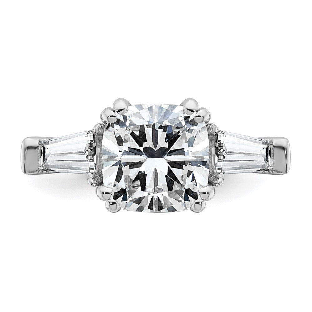 14K White Gold 3/4 carat Lab Grown Diamond VS+ F+ Tapered Baguette 3 carat Cushion Center Semi Mount Three Stone Engagement Ring
