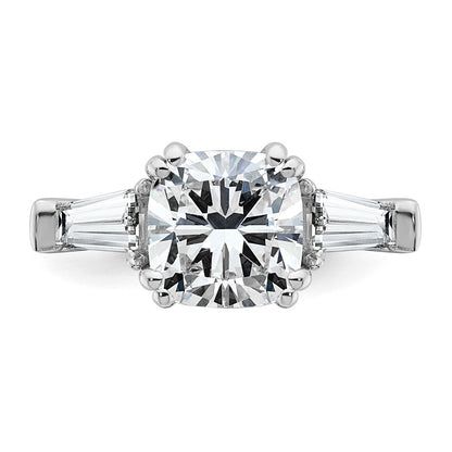 14K White Gold 3/4 carat Lab Grown Diamond VS+ F+ Tapered Baguette 3 carat Cushion Center Semi Mount Three Stone Engagement Ring