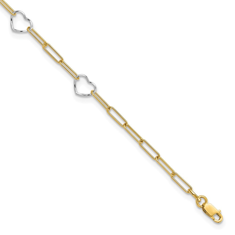 14K Two-Tone Gold Two-tone 5 Hearts and Paperclip Links 9 Inch Plus 1 Inch Extender - Total 10 Inch Anklet