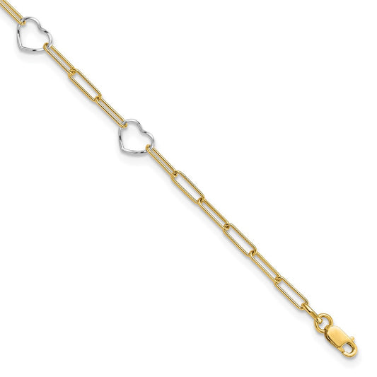 14K Two-Tone Gold Two-tone 5 Hearts and Paperclip Links 9 Inch Plus 1 Inch Extender - Total 10 Inch Anklet