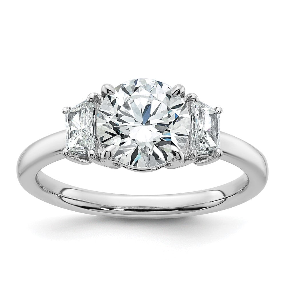 14K White Gold 1 7/8 carat Lab Grown Diamond VS+ F+ Round with Trapezoid Sidestones Complete Engagement Ring