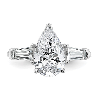 14K White Gold 3 1/3 carat Certified Lab Grown Diamond VS+ F+ Pear and Tapered Baguette Complete Engagement Ring