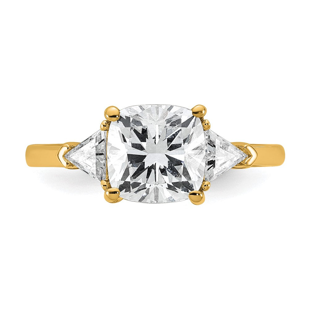 14K Yellow Gold 2 1/2 carat Certified Lab Grown Diamond VS/SI+ G+ Cushion and Triangle Complete Three Stone Engagement Ring