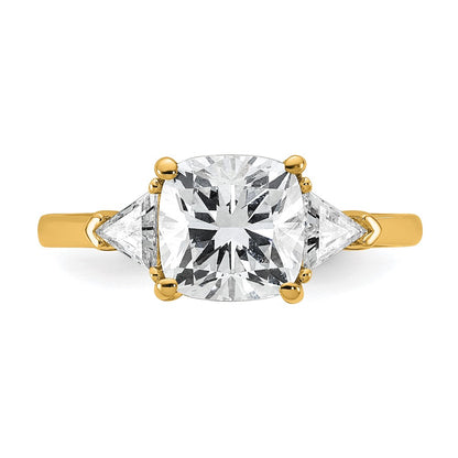 14K Yellow Gold 2 1/2 carat Certified Lab Grown Diamond VS/SI+ G+ Cushion and Triangle Complete Three Stone Engagement Ring