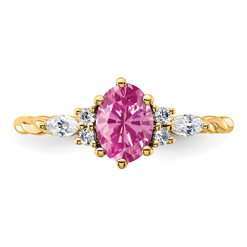14K Yellow Gold Diamond and 7x5 Oval October/Lab Created Pink Sapphire Size 7 Twisted Ring